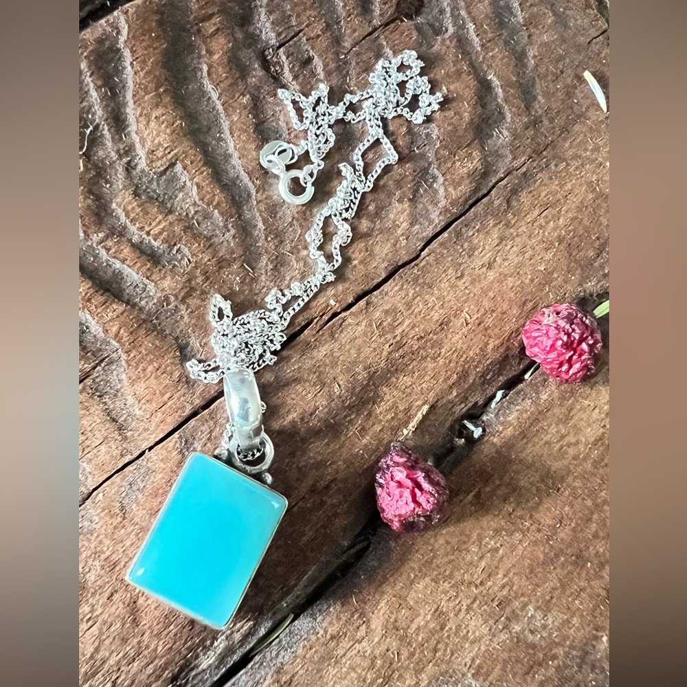 Bali Blue Amazonite Necklace Square Sterling Gem Natural Stone Beach Holiday 20”